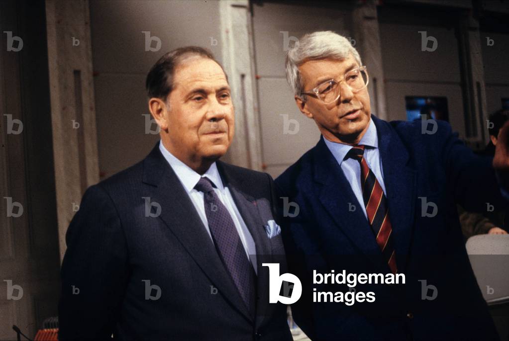 Charles Pasqua With Journalist Francois-Henri De Virieu during TV Programme on January 10, 1989 (photo)