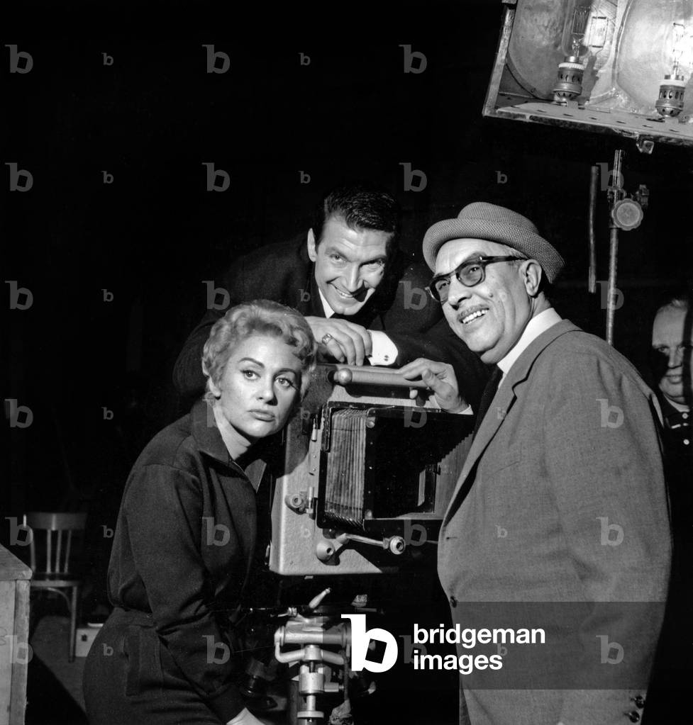 Martine Carol, Felix Marten and Henri Decoin on Set of Film Nathalie Agent Secret Feburary 18, 1959 (b/w photo)