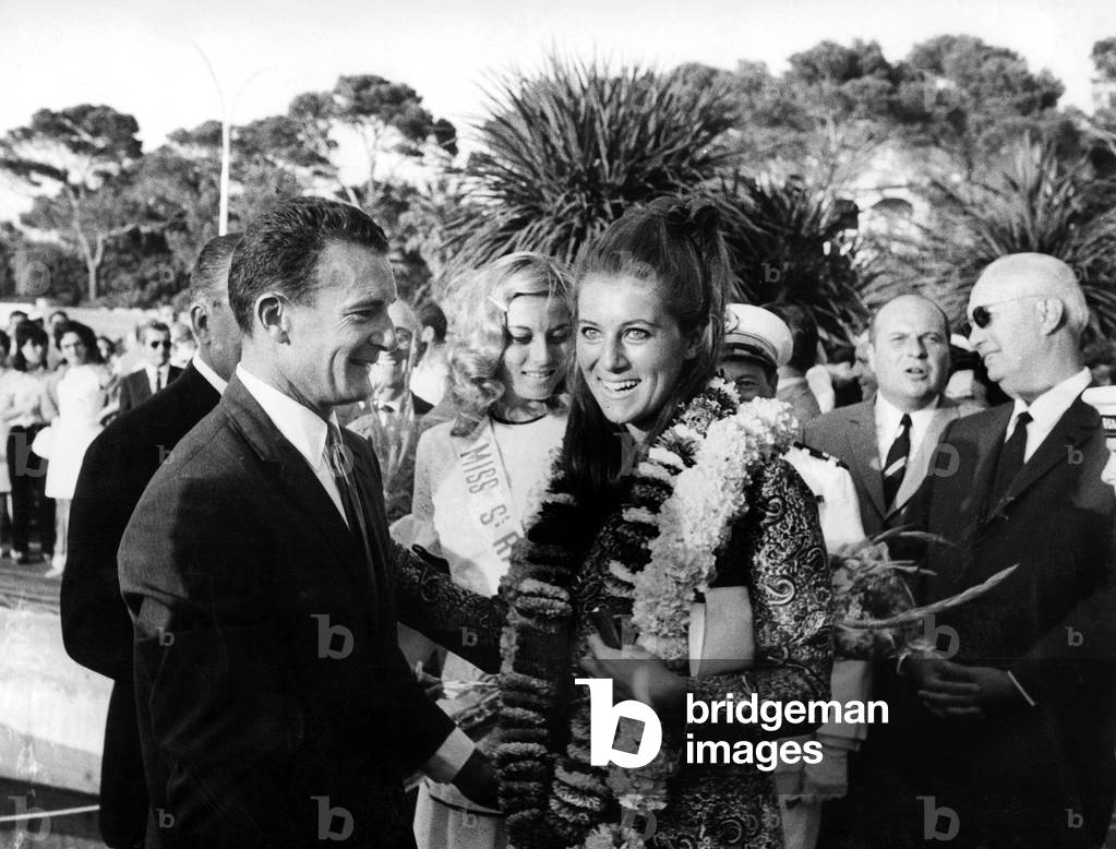 French Navigator Eric Tabarly With Singer Sheila at Launching of Marina in Saint Raphael Cote D' Azur Riviera July 6, 1968 (b/w photo)