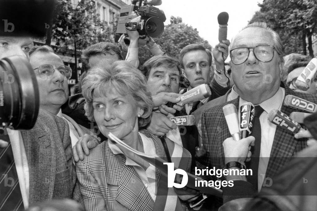 Marie France Stirbois and Jean Marie Le Pen during A Demonstration, Paris, June 20, 1991 (b/w photo)
