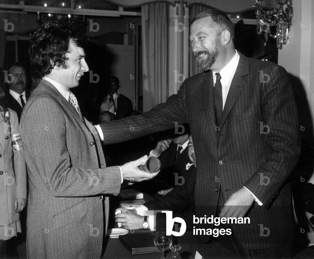 Philippe Dechartre Has Just Given A Prize To Jean Pierre Beltoise (L), Paris, October 24, 1969 (b/w photo)