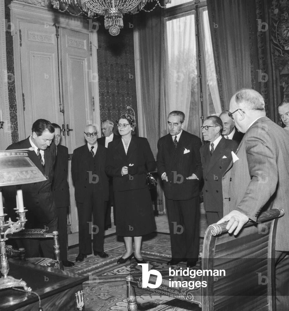 New year at the Elysee, Paris, December 30, 1950 : French president Vincent Auriol receiving foreign press representatives (b/w photo)