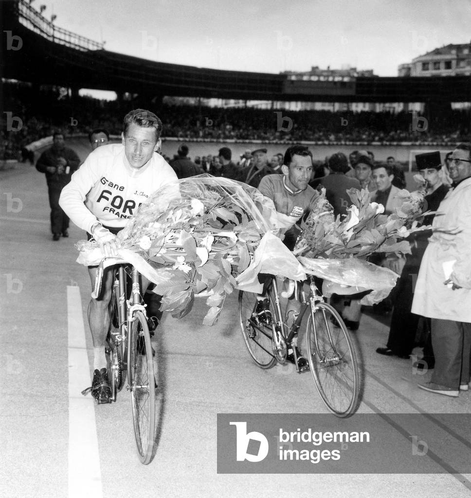 Jacques Anquetil and Jean Stablinsky Winners of Paris Roubaix Cycling Race Make Victory Tour in Velodrome May 30, 1965 (b/w photo)