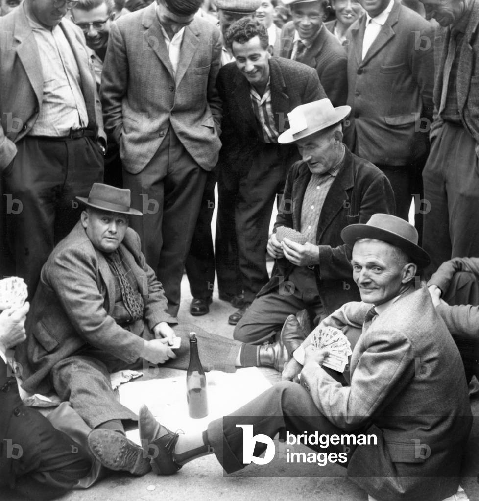Demonstration of The Peasants From The Vendee, France : here Demonstrators Playing Cards While They Wait For The Issue of The Meeting Between Their Representative M. Pateau With The Prefect June 20, 1961 (b/w photo)
