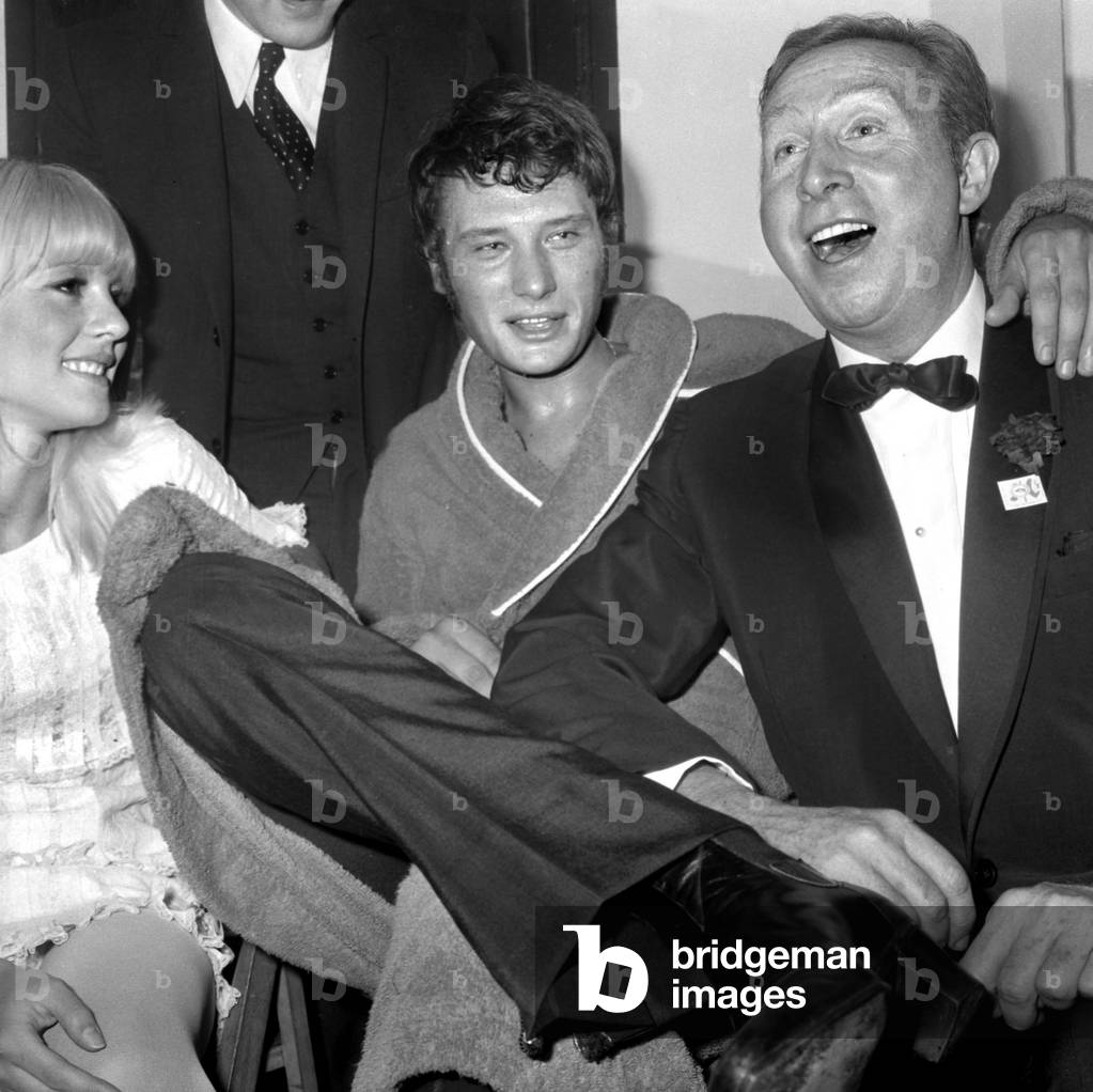 Singers Johnny Hallyday and Sylvie Vartan With Singer Charles Trenet After Johnny'S Show in Olympia March 17, 1967, Paris (b/w photo)