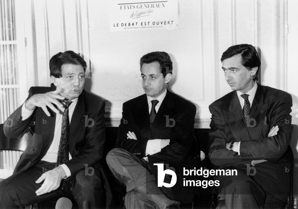 French Right Wing Politicians Alain Madelin (Member of Brittany Regional Council and Liberal Elected Representative at National Assembly) Nicolas Sarkozy (Mayor of Neuilly and Rpr Elected Representative at National Assembly) and Philippe Douste-Blazy (Spokesman of Opposition Parties) during Press Conference Announcing Opposition Estates General in Paris November 26, 1991 (b/w photo)