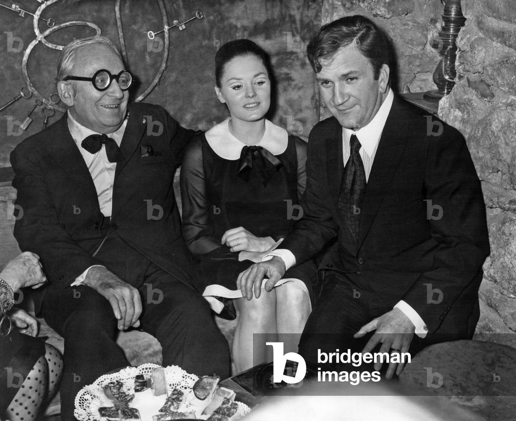 Marcel Achard With Pierre Mondy and his Wife Annie Fournier Just After Their Wedding December 19, 1967 (b/w photo)