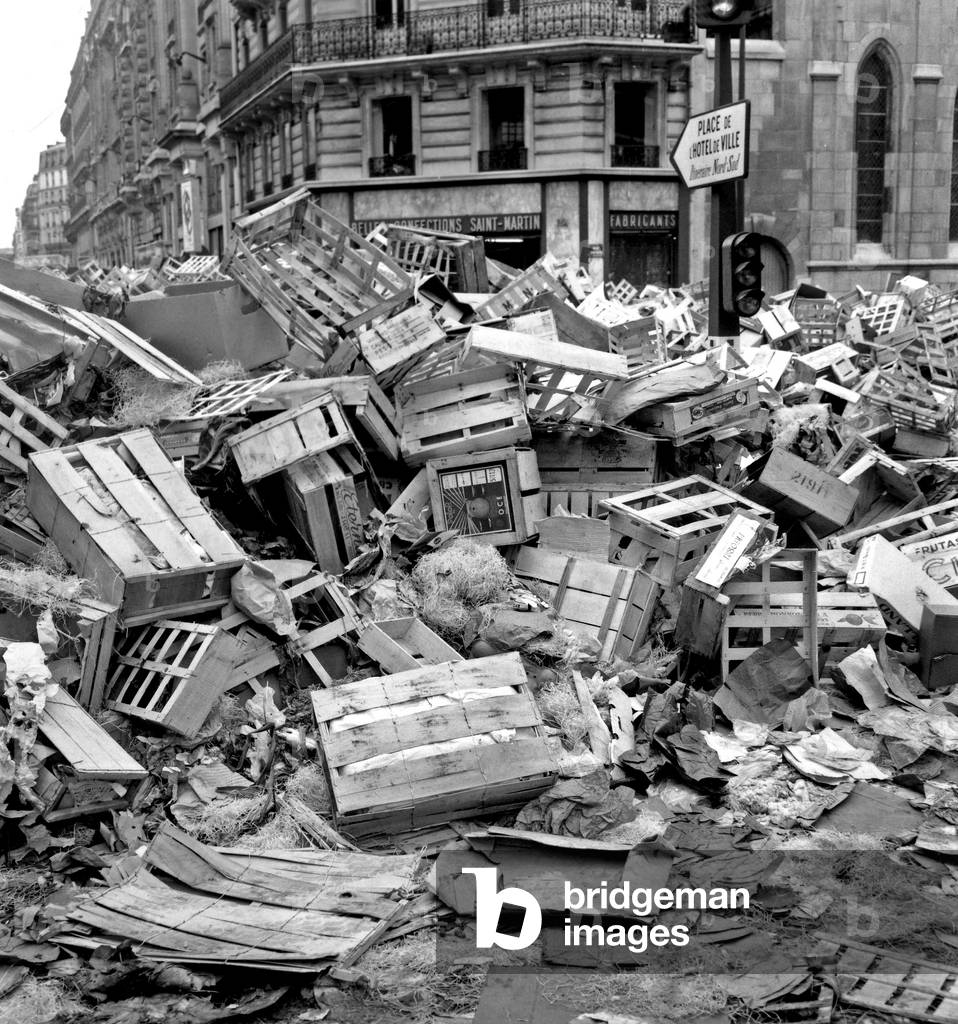 Demonstration of Students in Paris : Barricade Made With Crates May 21, 1968 (b/w photo)
