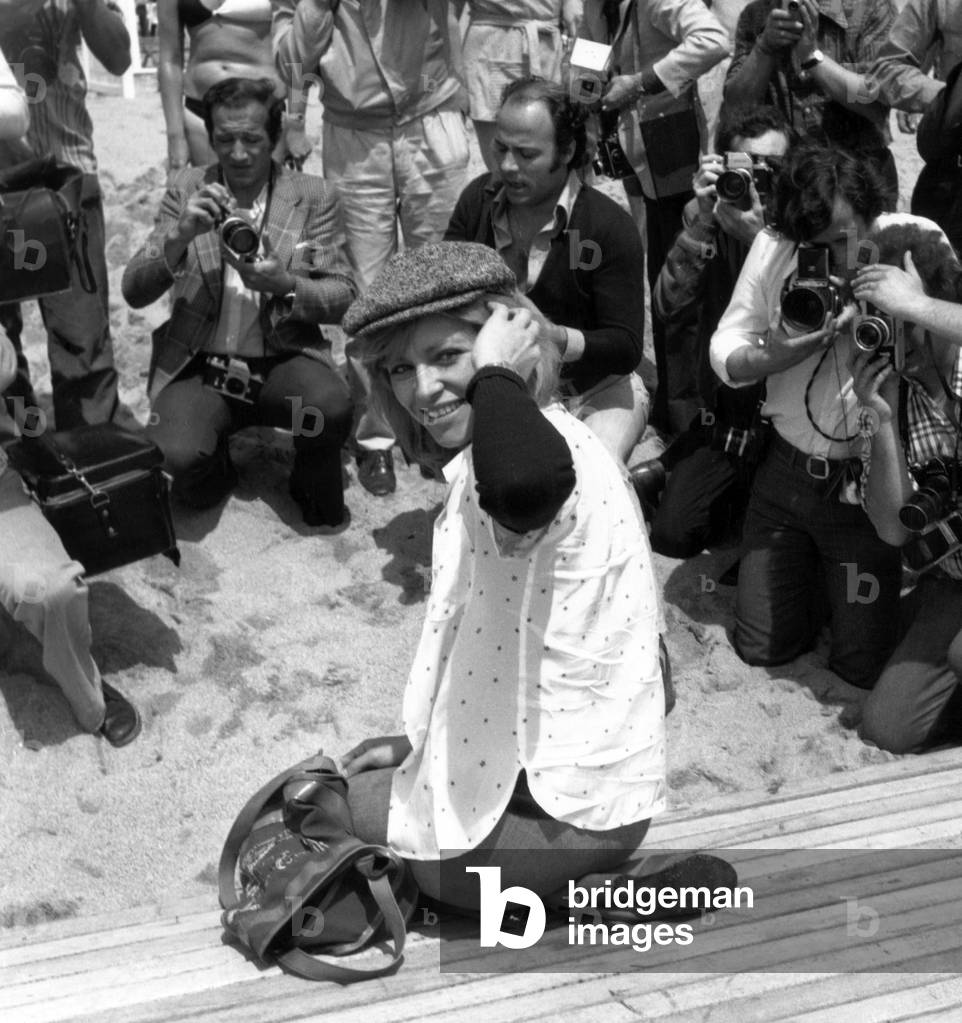 French Actress Nathalie Delon With Photographers at The Cannes Film Festival on May 21, 1973 (b/w photo)