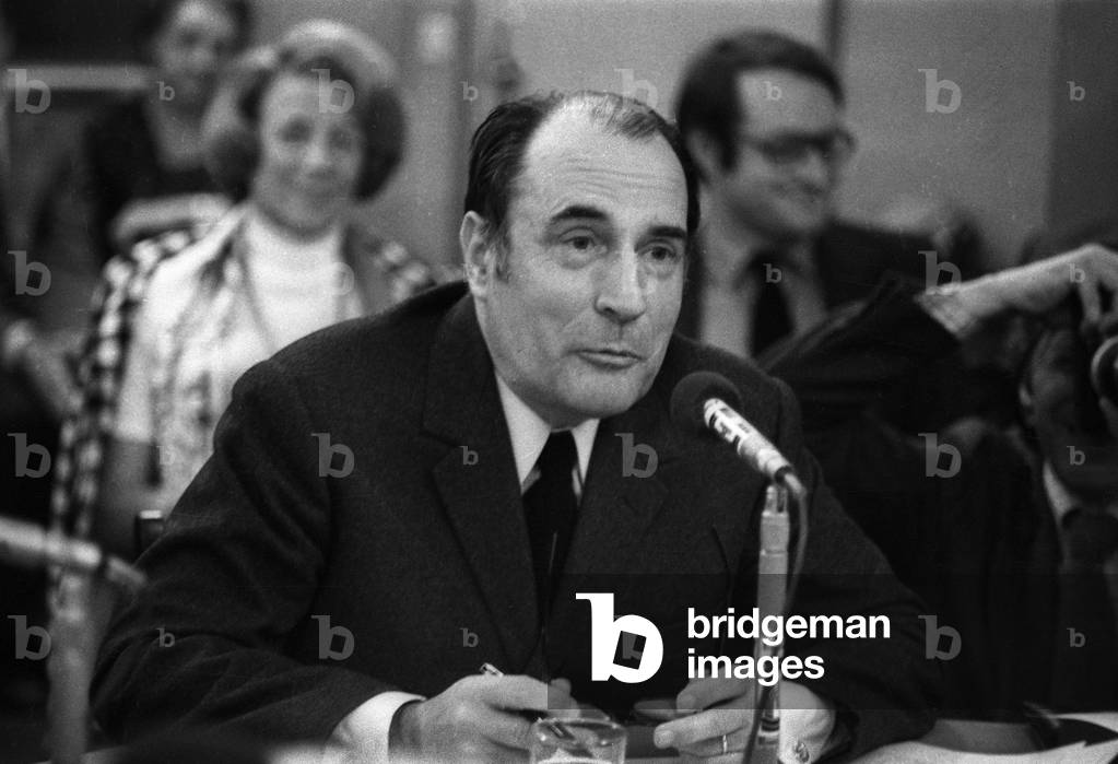 Francois Mitterrand, First Secretary of the Socialist Party, during debate on radio Europe 1 about French European Economic Community enlargement referendum, Paris, April 12, 1972 (b/w photo)