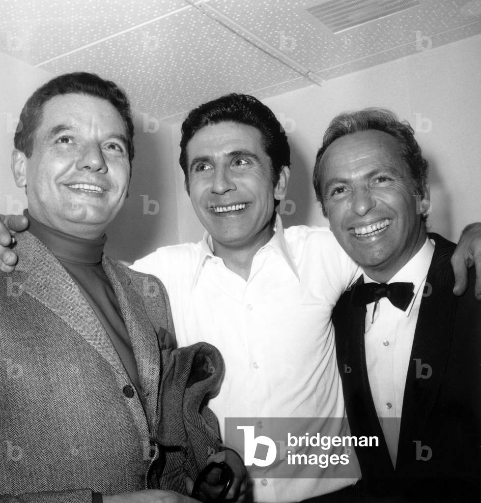 Gilbert Becaud Congratulated in his Dress Room After The Songs Palmares L-R : Roland Dhordain, Gilbert Becaud and Guy Lux on March 1St, 1968 (b/w photo)