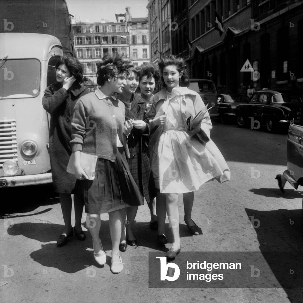 Young Candidates After Examination of Basic School-Leaving Qualification, Paris, June 14, 1962 (b/w photo)