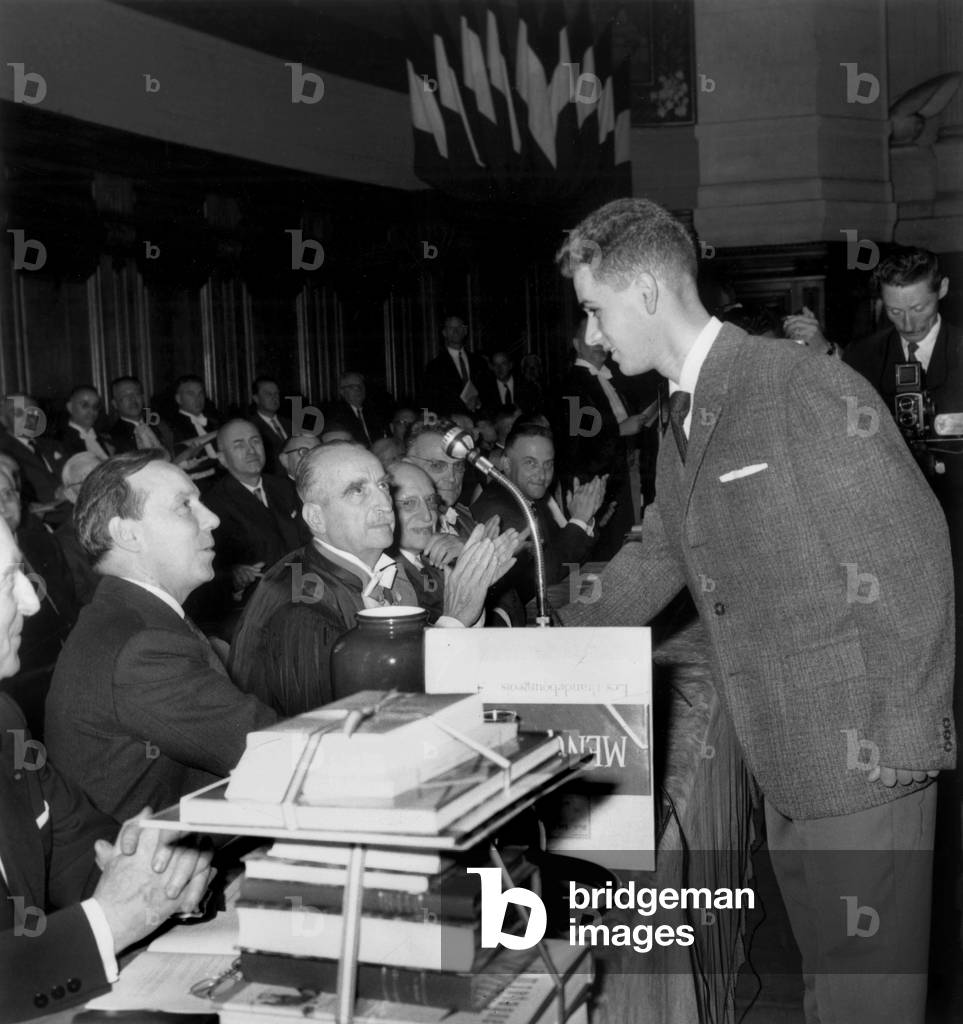 At The Sorbonne in Paris, Prize Giving on June 26, 1961 : Michel Debre (C, Frenchprime Minister) With Lucien Paye (L, French Minister of National Education) and Mr Sarrailh (Superintendent of Sorbonne) Giving A Prize To Jean Marie Exbrayat Laureate of The Concours General in Matchs (b/w photo)