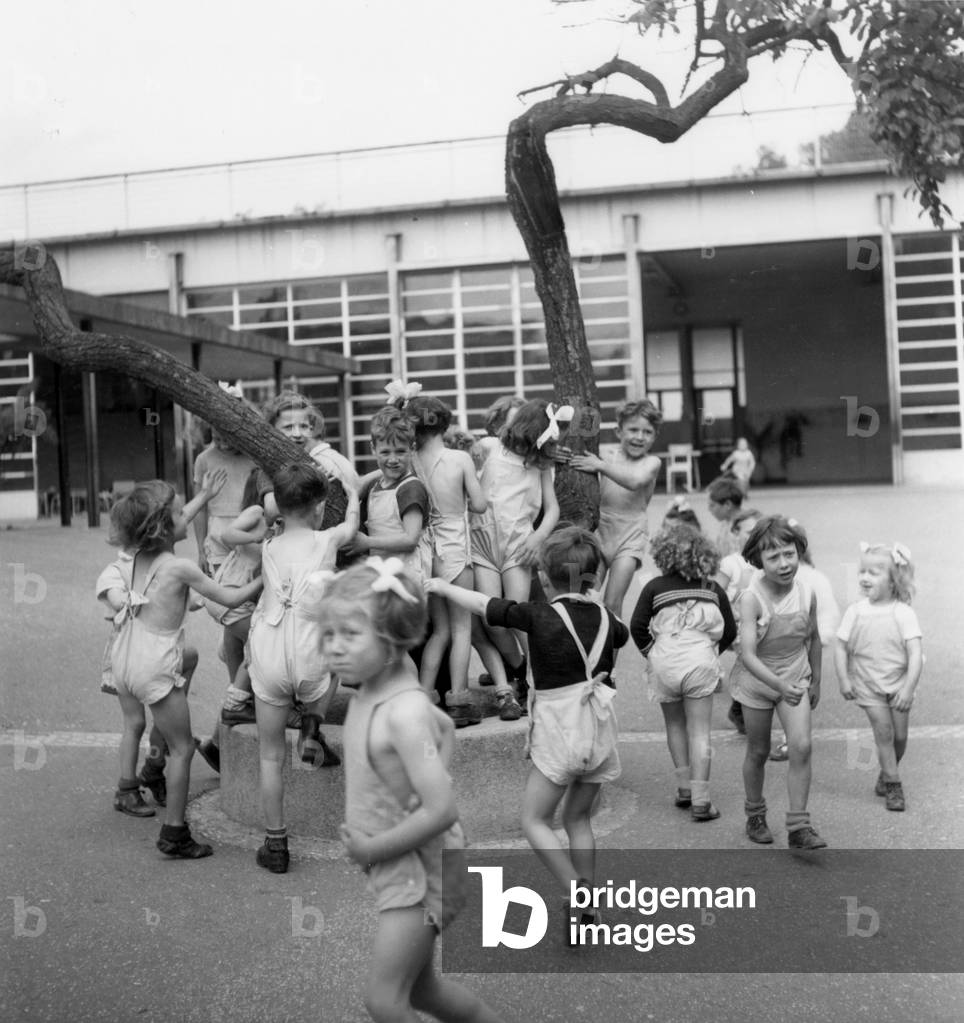 Model Primary School in Suresnes (France) on June 19, 1946 (b/w photo)