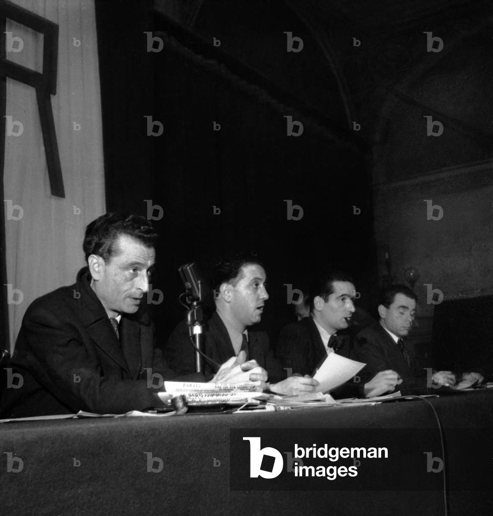 Meeting of The National Council of The Resistance, October 26, 1945 : French Journalist and Politician Emmanuel D'Astier De La Vigerie With Louis Saillant, Andre Colin, Auguste Gillot (b/w photo)