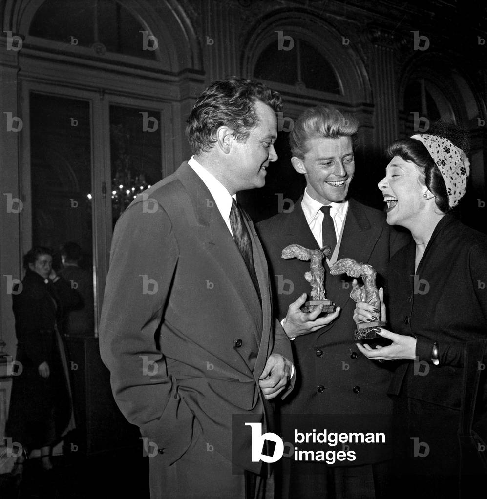 Orson Welles Congratulating French Actors Gerard Philipe and Micheline Presle For Their French Movie Prize October 11, 1948 (b/w photo)