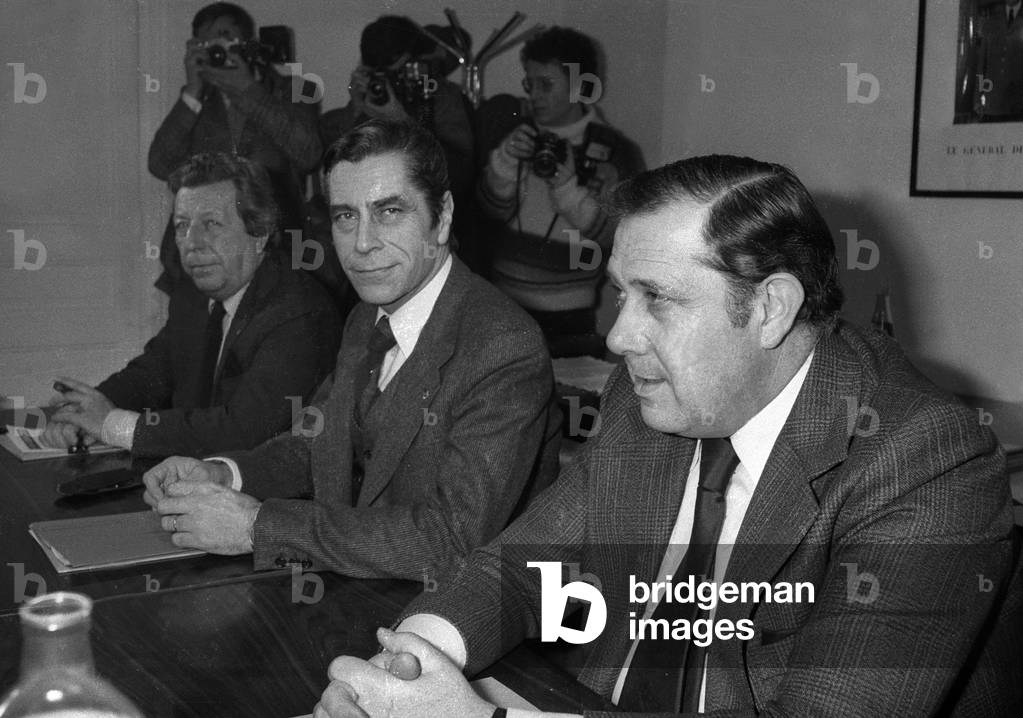 French politicians Emmanuel Aubert, Yves Guena and Charles Pasqua at RPR meeting, Paris, January 11, 1978 (b/w photo)