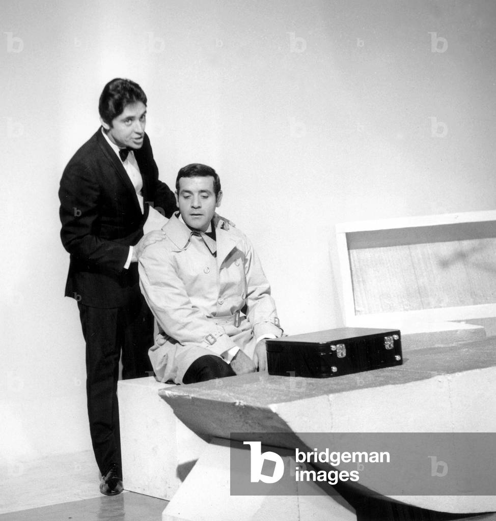 Singer Sacha Distel and Actor Jean Yanne during TV Programme November 17, 1966 (b/w photo)