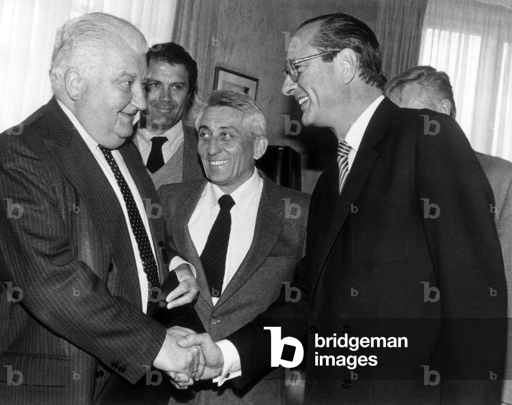 Jacques Chirac and Bernard Pons With Jean Menu, President of French Trade Union Cgc, May 18, 1983 (b/w photo)