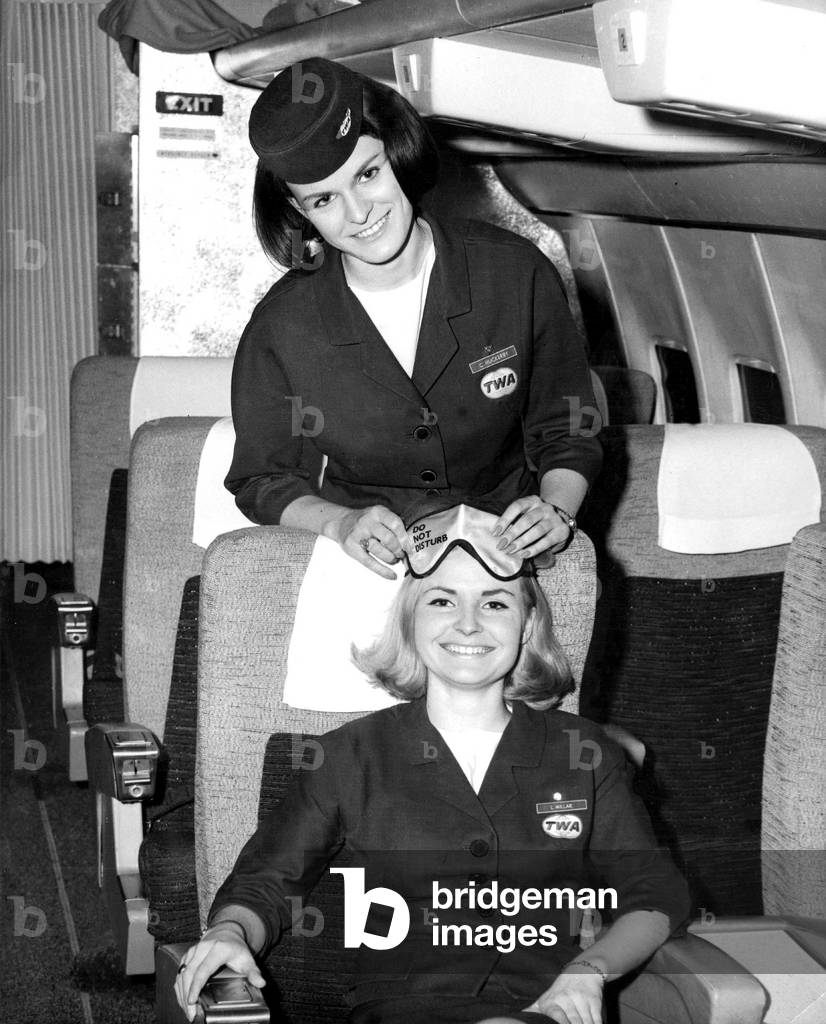 Twa (Trans World Airlines) Stewardesses Demonstrating The Slumber Mask May 9, 1966 (b/w photo)