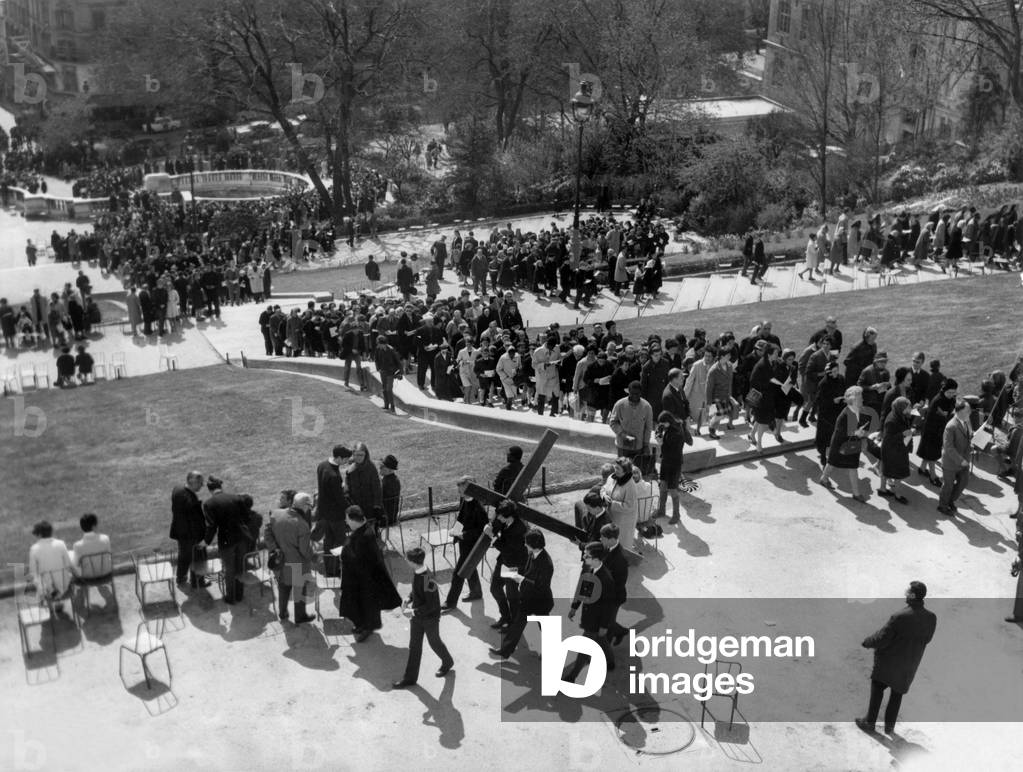 The Members of The Stations of The Cross in The Square of The Basilica Sacre-Coeur in Paris, April 12, 1968 (b/w photo)