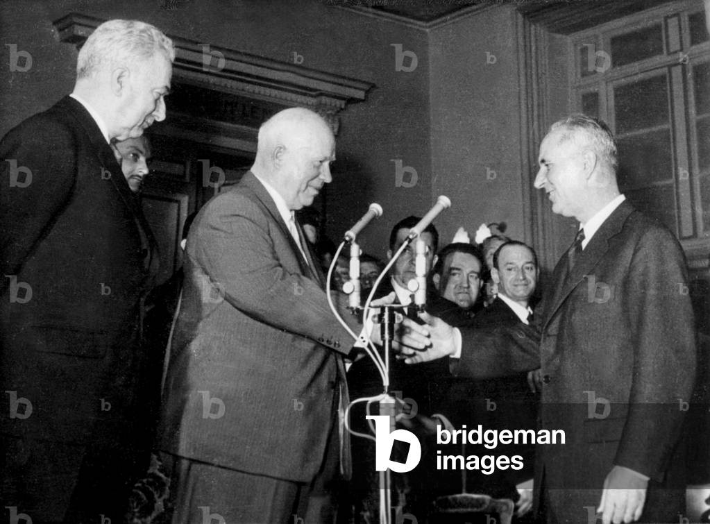 Nikita Khroushtchev (Center) With French Politicians Louis Joxe and Gaston Defferre Mayor of Marseille Shaking Hands in Marseille South of France in 1964 - France Russie Urss Russia Soviet Union Ussr (b/w photo)
