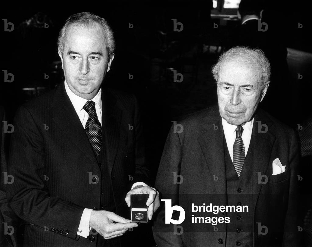 Antoine Pinay With French Minister of Economy and Finances Edouard Balladur during Presentation of The New 10 Francs Coin March 18, 1988 (b/w photo)