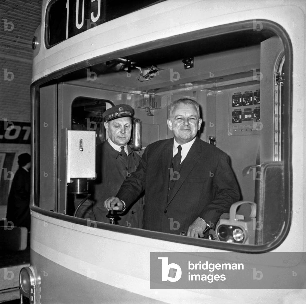 Marc Jacquet Minister of Transport at the Inauguration of the First Tyre Metro Ram of Line Number 1 Here Driving This First Ram May 30, 1963 Neg: B66230 (b/w photo)