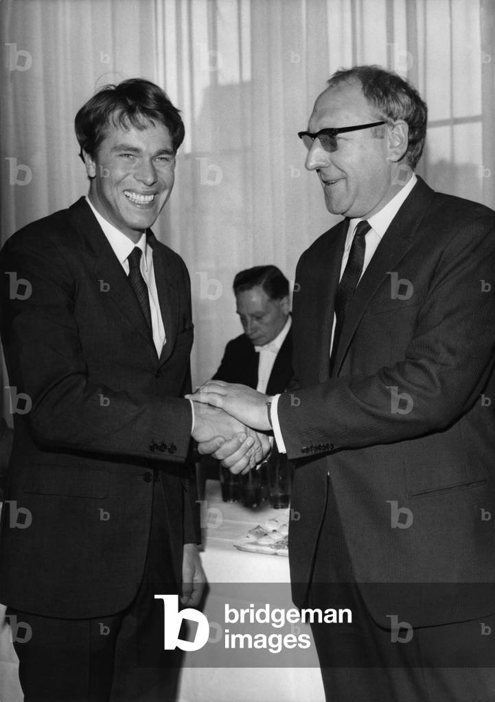 French Actor Laurent Terzieff (1935 - 2010), Winner of The Gerard Philippe Prize, With Georges Wilson (1921 - 2010), Director of The Theatre National Populaire (Tnp). June 23, 1964 (b/w photo)