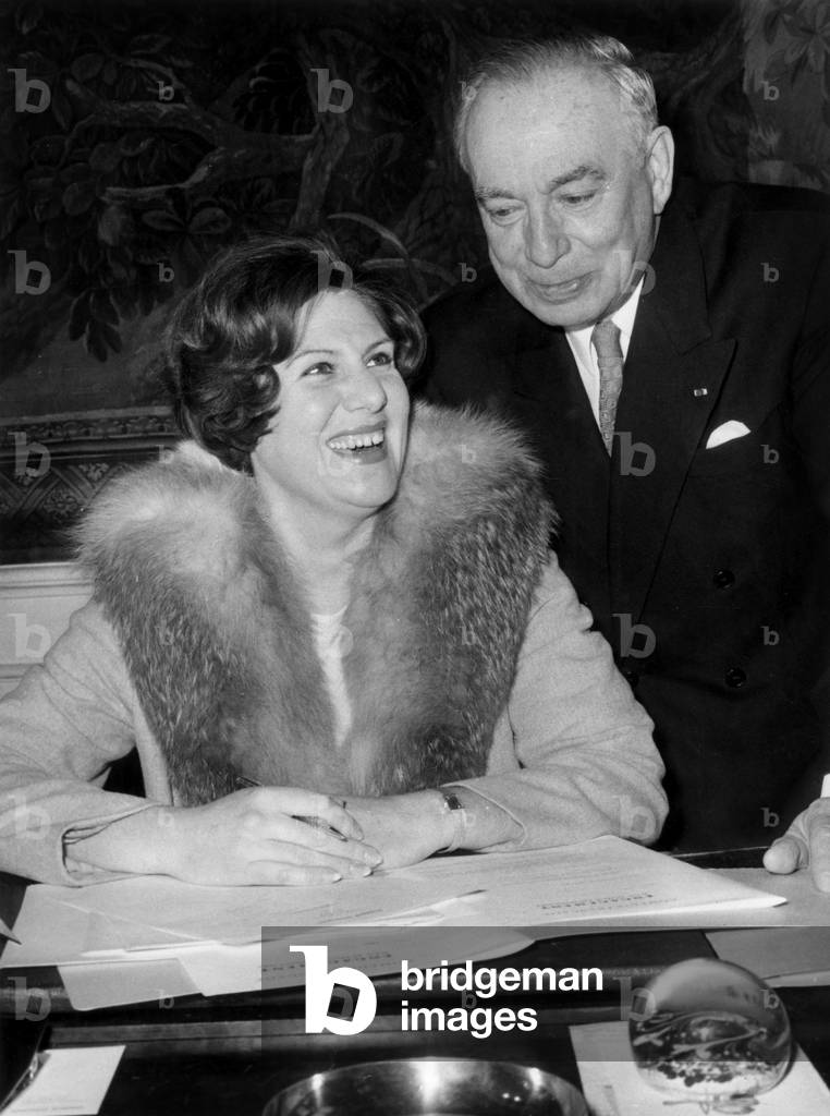 Maurice Escande With Francoise Seigner Signing Contract of Resident Member at The Comedie Francaise in Paris February 6, 1967 (b/w photo)