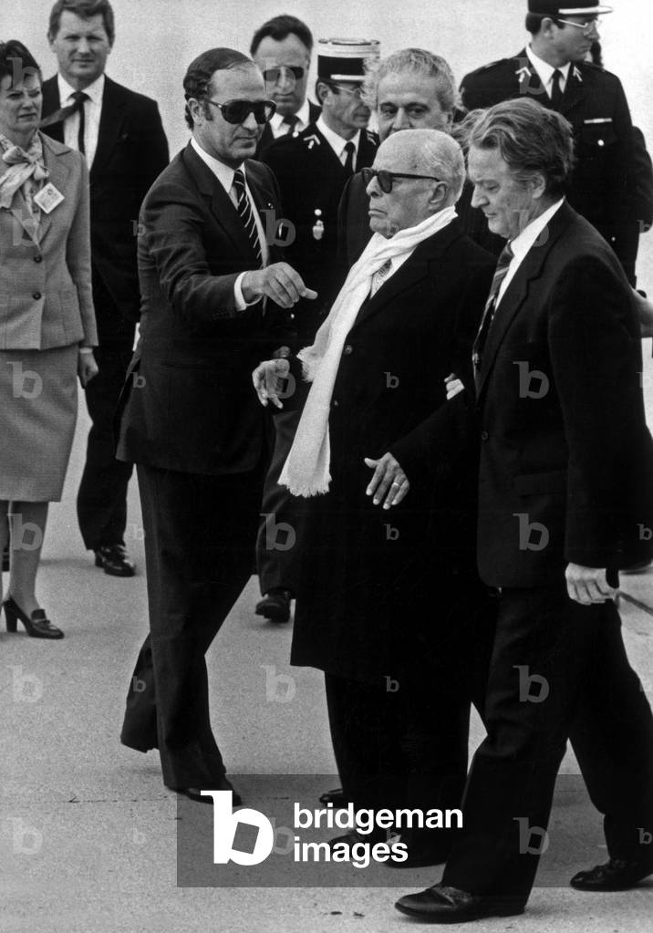 Tunisian President Habib Bourguiba Arriving at Orly Paris Airport Welcome By French Minister of Foreign Affairs Roland Dumas June 10, 1985 (b/w photo)