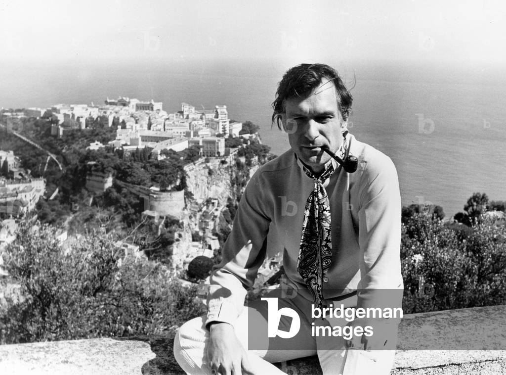 Hugh Hefner on Holidays in Monaco on August 28, 1969 (b/w photo)