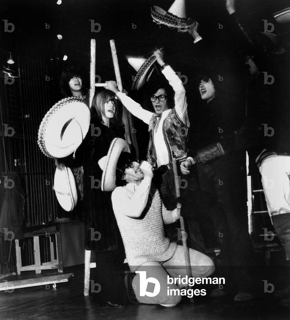 Company of Cafe De La Gare Theatre in Paris : L-R : Catherine Mitry Sotha, Jerome Danaz, Miou Miou, Jean Michel Haas, Romain Bouteille, Henri Guibet December 2, 1971 (b/w photo)