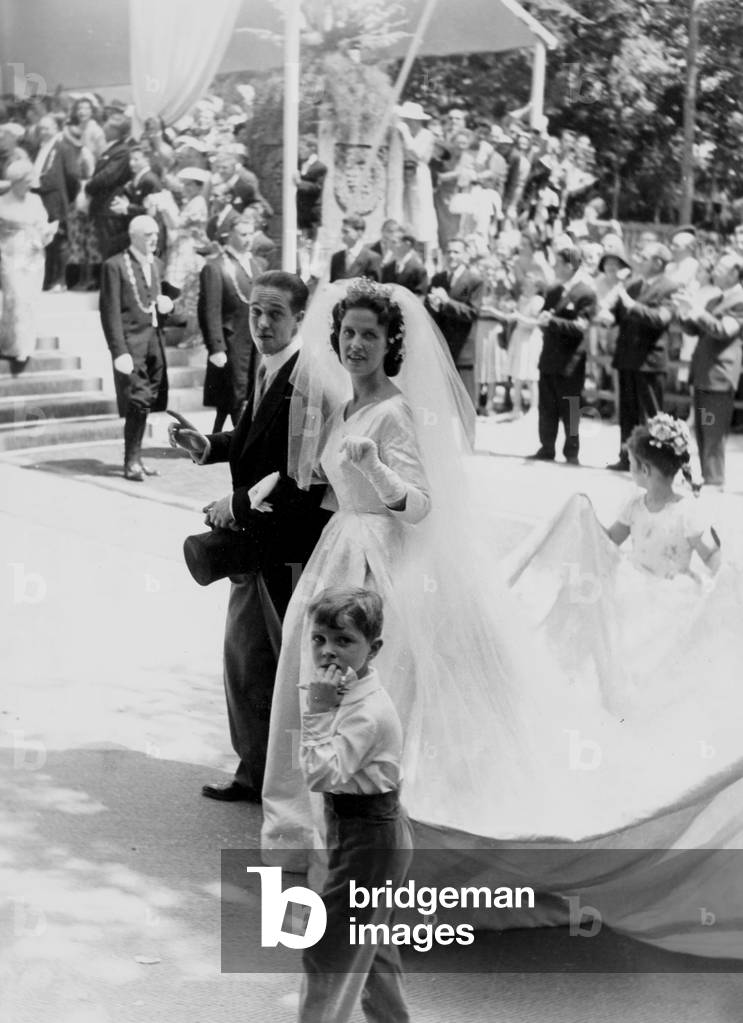 Wedding of Henry of Orleans Count of Clermont With Mary Theresa of Wurtemberg July 05 1957 in Dreux (b/w photo)
