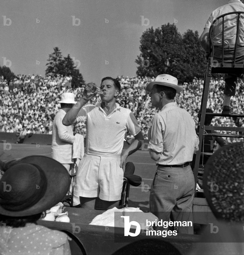 1949 Davis Cup, Final, Europe Zone, July 25, 1949 in Paris (Roland Garros) : French tennisman Marcel Bernard (b/w photo)