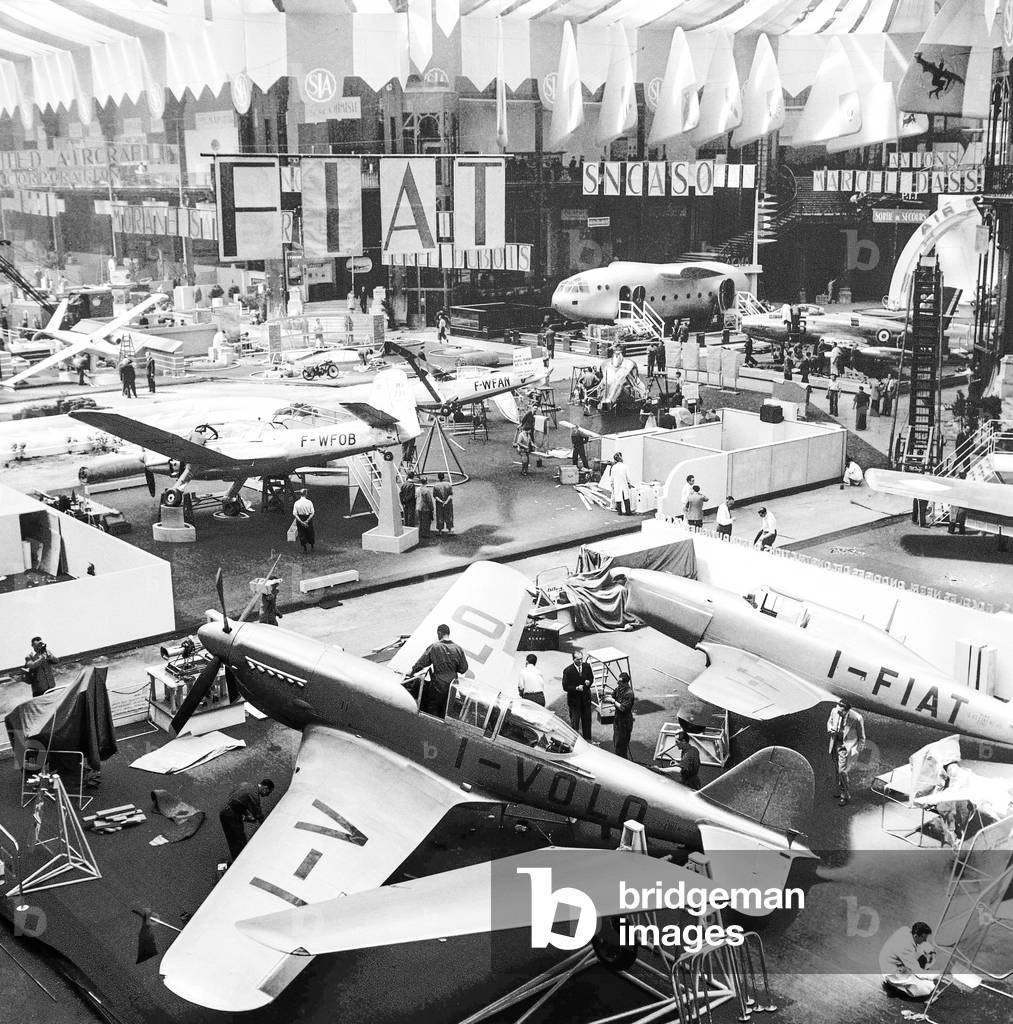 Preparation for the air show, at the Grand Palais in Paris, June 14, 1951 : the planes (b/w photo)