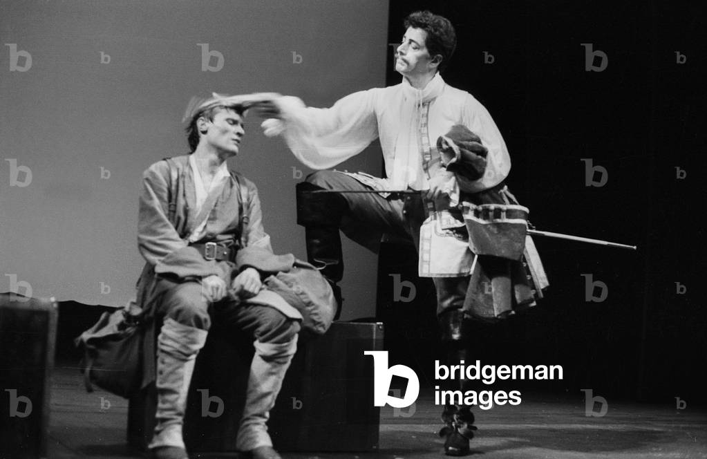 Simon Eine (R, Amphitryon) and Richard Fontana (Le Sosie) in Play Amphitryon By Moliere at Comedie Francaise in Paris on April 8, 1983 (b/w photo)