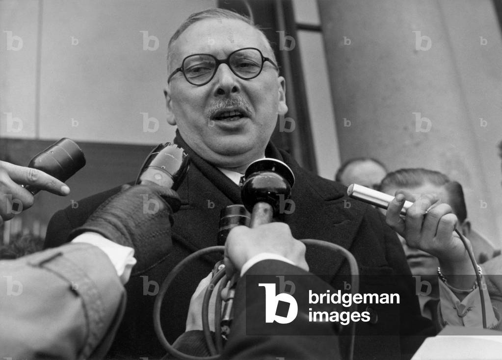 French Minister of Foreign Affairs Rene Pleven After his Meeting With Renecoty at Elysee Palace in Paris, April 23, 1958 (b/w photo)