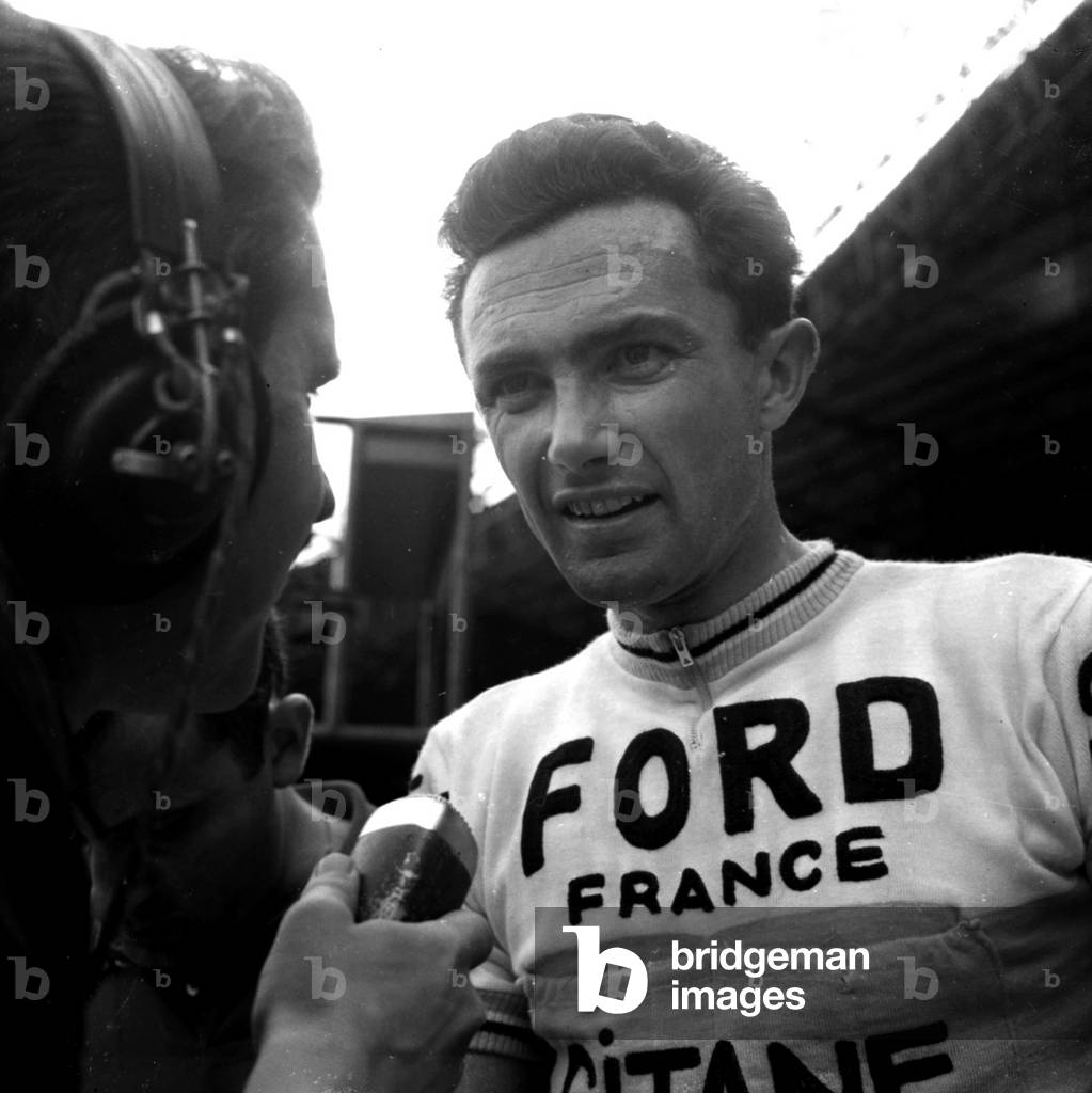 Louis Rostollan Wins Les Boucles De Seine Race at Parc Des Princes Paris June 13, 1965 Here After Victory Answering Journalists' Questions (b/w photo)
