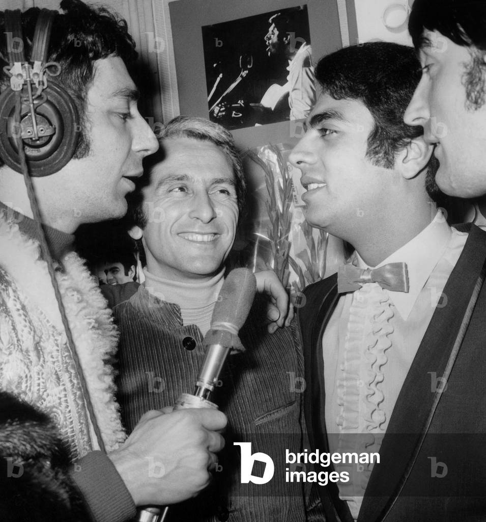 French Singer Enrico Macias Interviewed By Hubert and Marcel Amont After Premiere of Show at Olympia March 8, 1968  (b/w photo)