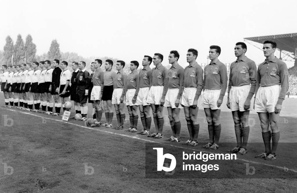 Match Between France Soccer Team and Germany Soccer Team in Colombes (Tie 2-2), here Footballers Listening To The National Hymns Before The Game October 26, 1958 (b/w photo)