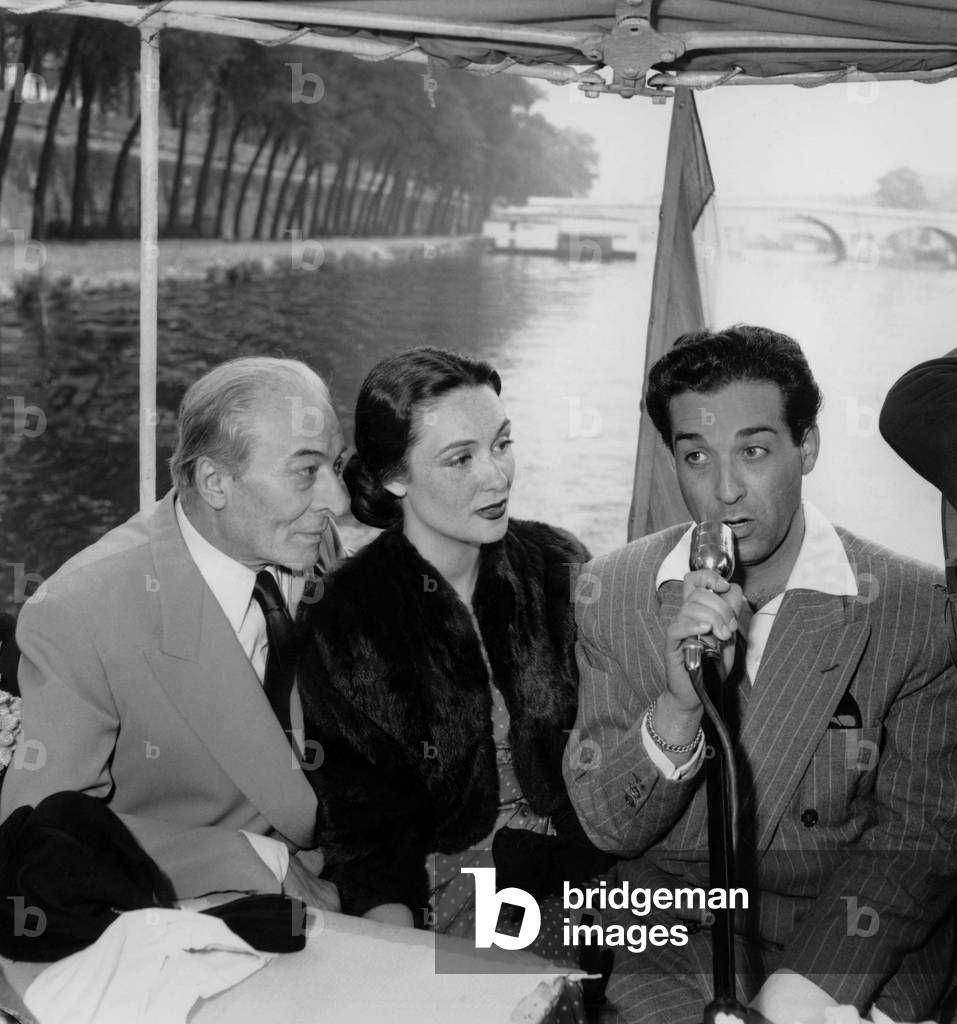 Jules Berry, Maria Mariban Listening To Luis Mariano Singing August 29, 1949 during Diner Large River Boat Over The Seine River in Paris during-Filming of 