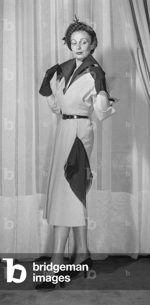 Pierre Clarence fashion in Paris, February 21, 1950 (b/w photo)