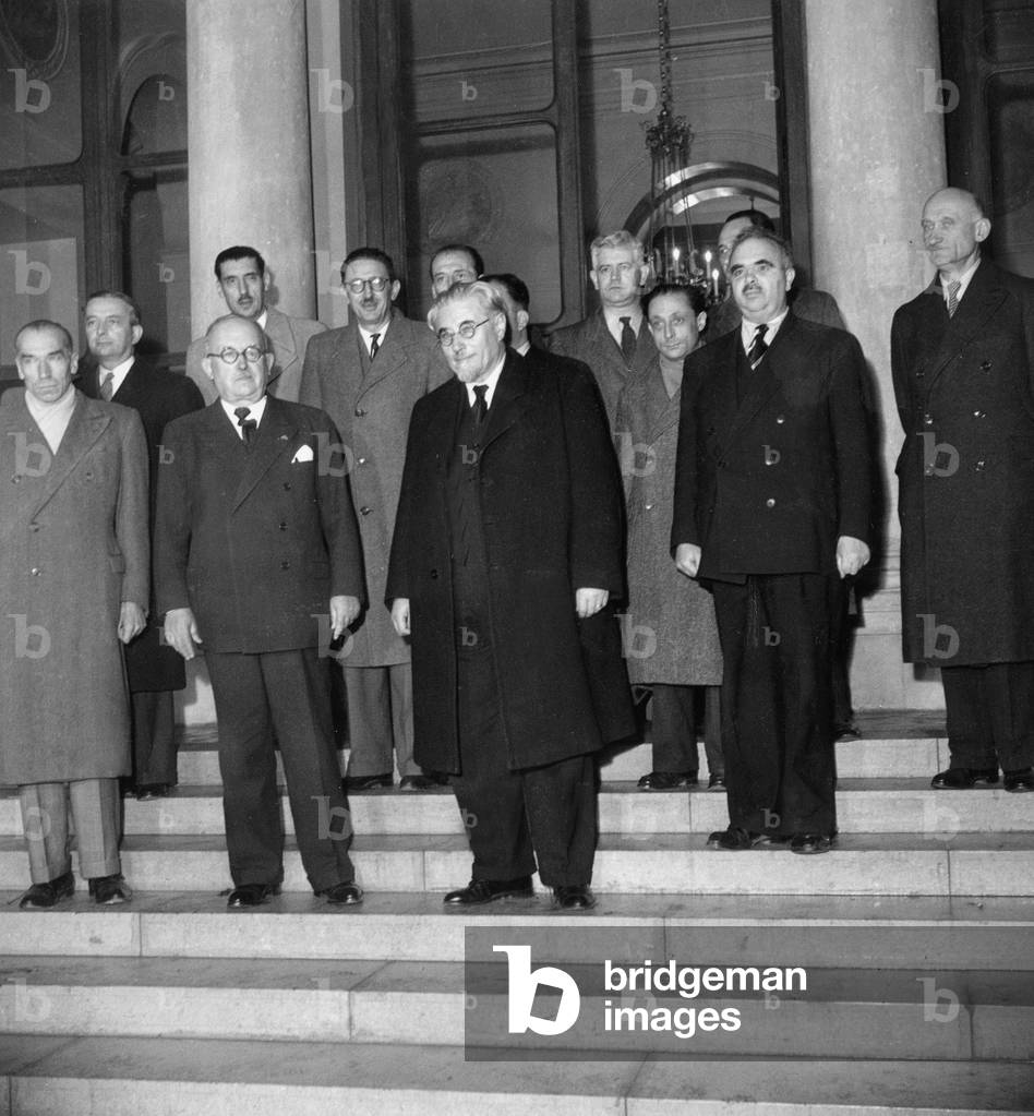 French Socialist Prime Minister Paul Ramadier With Members of his Government Vincent Auriol, Depreux, Schumann, Marie, Bidault, Roclore, Moch, Teitgen, Robert Lacoste, Voegelen, Mayer and Bechard October 23, 1947 (b/w photo)
