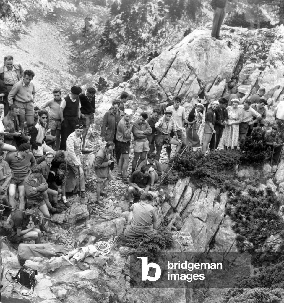 People Around The Caves of Pierre Saint Martin (Pyrenees, France) When Body of Marcel Loubens Is Brought Up on August 15, 1954 (He Died during A Fall in 1952) (b/w photo)