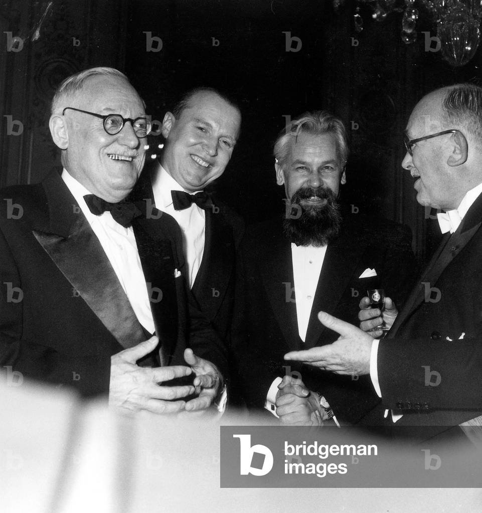 French President Vincent Auriol With Vichinsky Malik Pavlon at Elysee Palace during Un Uno Meeting November 21, 1951 (b/w photo)