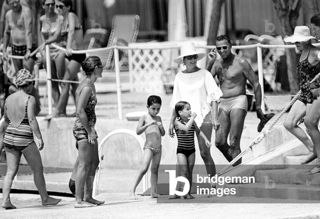 Princess Grace of Monaco With Daughter Stephanie at The Swimming Pool July 24, 1969 (b/w photo)