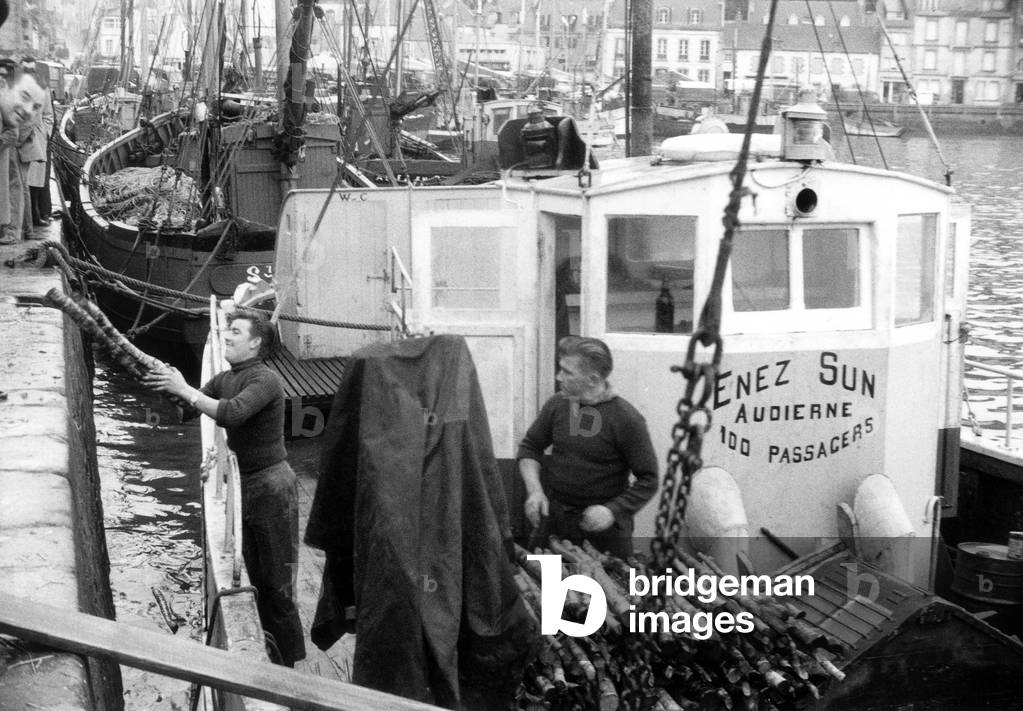 Trawler in Audierne Harbour in Brittany (France) C. 1965 (b/w photo)
