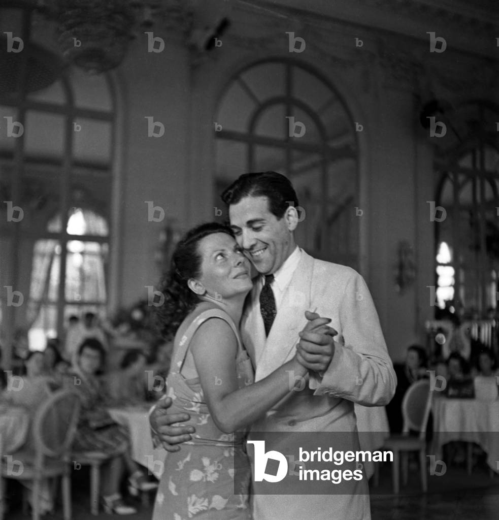 Marie Bizet and Luis Mariano Dancing in Deauville, France, July 26, 1947 (b/w photo)