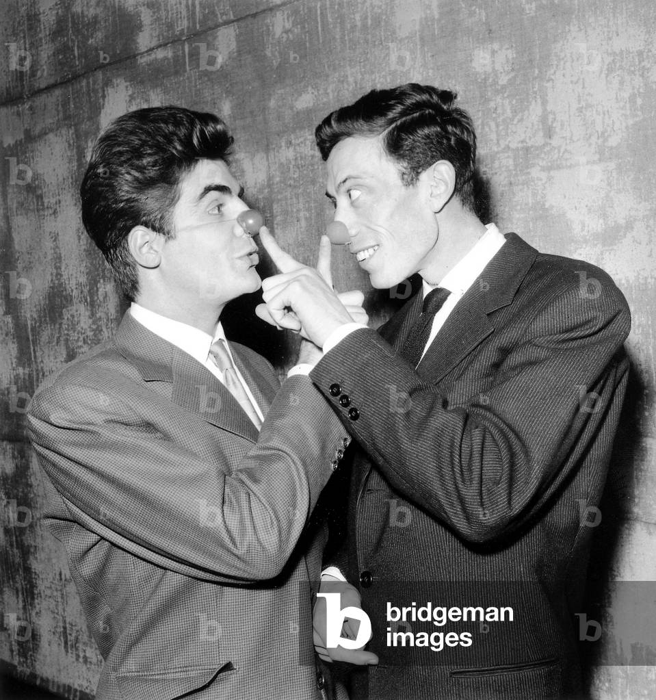 Roger Pierre and Philippe Clay Preparing A Sketch at The Olympia in Paris on December 5, 1955 (b/w photo)